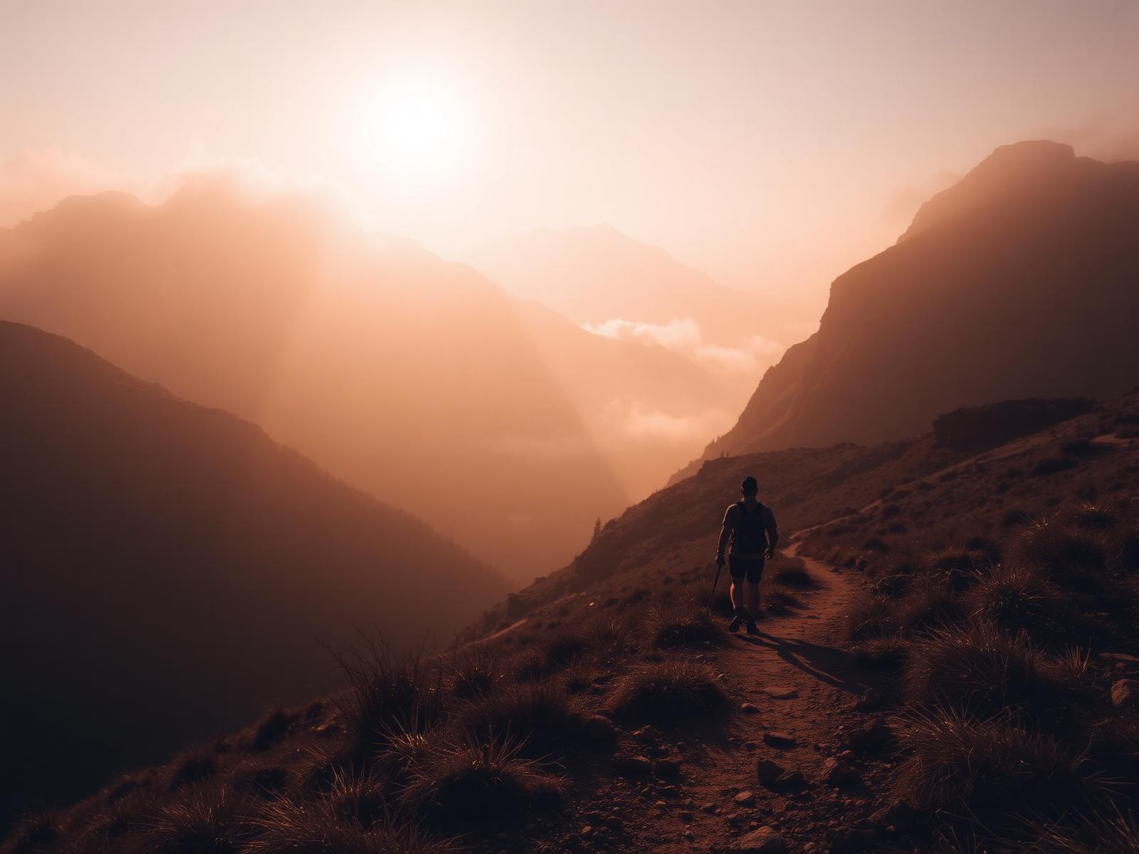 Wandelaar op een bergpad bij zonsondergang